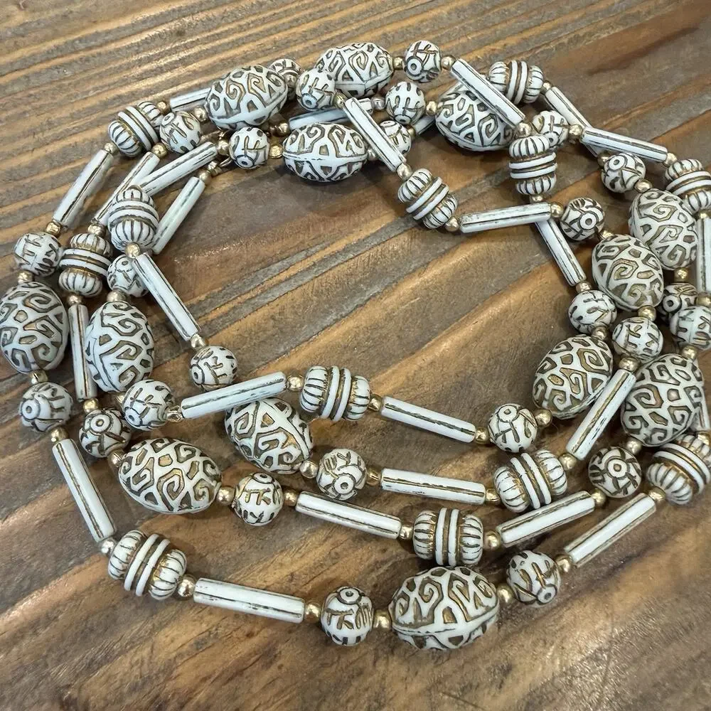 Vintage 1960s Plastic Bead Necklace White Gold Scroll Motif Geometric Tube Beads